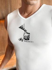 Men's V-Neck Letter & Graphic Print Tight Sleeveless Base Layer Top - White - View 7