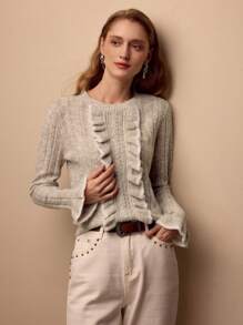 MOTF PREMIUM CONTRAST BINDING RUFFLE TRIM CABLE KNIT SWEATER