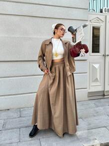 Calvaya 加大码 2 件套：高领夹克上衣和褶皱 A 字长裙，甜美又热情，休闲时尚女士装扮，适合冬季 - 卡其色 - 查看 8
