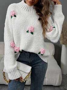 SHEIN LUNE 女士休闲浪漫 3D 花卉高领毛衣 - 米色 - 查看 3