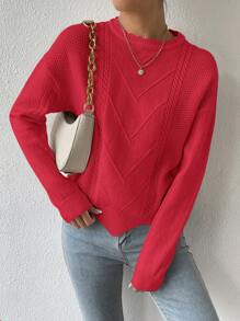 SHEIN Essnce Solid Color Round Neck Casual Versatile Long Sleeve Pullover Sweater - Red - View 5