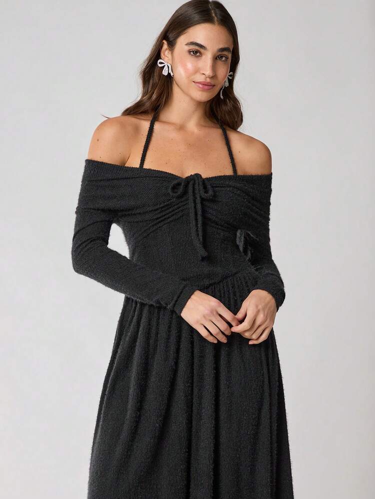 秋ロマンチックレディースブラックワンショルダーネックタイウエストシャーリングロングスリーブエレガントドレス、秋冬レディースドレス、秋冬レディース服