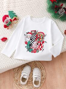 SHEIN Camiseta informal de manga larga y cuello redondo con estampado de Papá Noel de dibujos animados para niñas, otoño