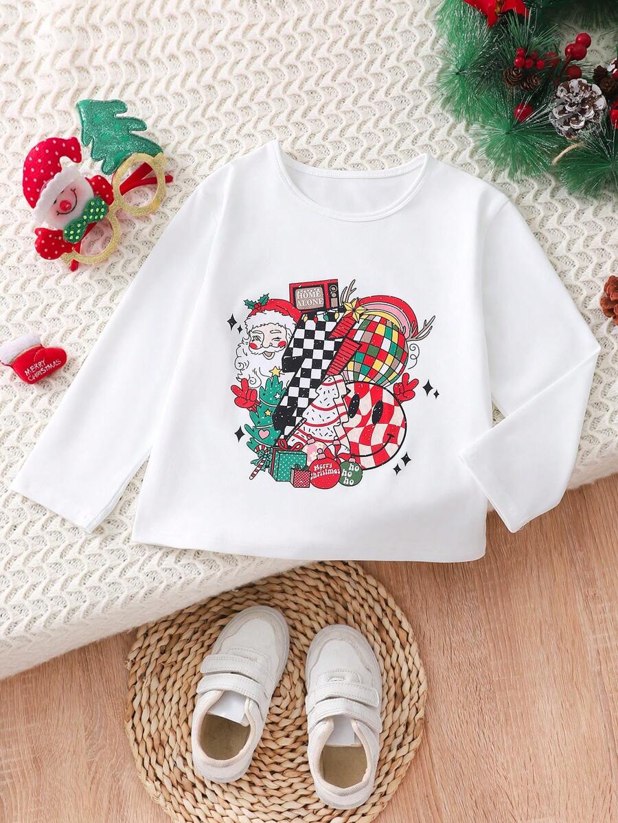 SHEIN Camiseta informal de manga larga y cuello redondo con estampado de Papá Noel de dibujos animados para niñas, otoño