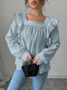 SHEIN Unity Women Casual Square Neck Ruffle Trim Blouse, For Autumn Fall Cloth For Women - Baby Blue - View 5