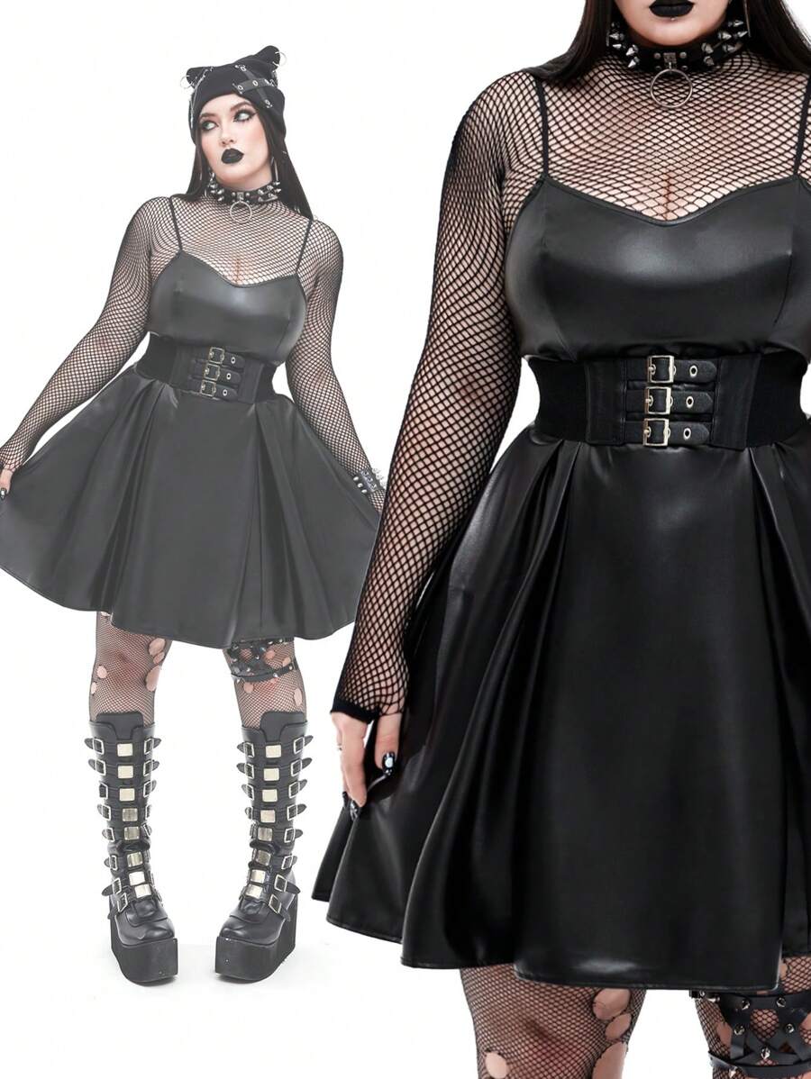 Flirla Váy da PU không tay có viền bèo nhún phong cách Gothic Punk cỡ lớn có thể điều chỉnh - màu đen - Xem 1
