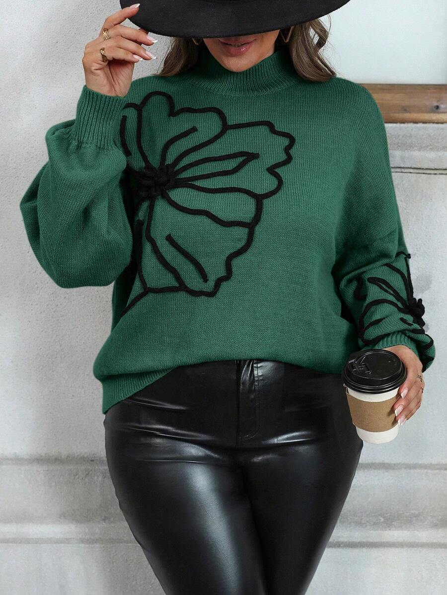 EMERY ROSE Plus Size Casual Floral Pattern Stand Collar Sweater, Autumn/Winter Knit Pullover Fall Outfit