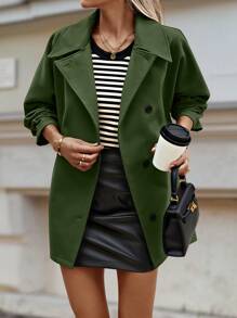 SHEIN LUNE Áo khoác thường ngày tay cánh dơi cài nút phía trước đơn giản cho nữ, màu trơn - xanh quân đội - Xem 5