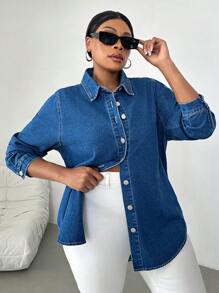 SHEIN Essnce Áo khoác denim cỡ lớn, kiểu áo sơ mi dài tay rộng rãi, màu xanh - Màu xanh lam - Xem 5