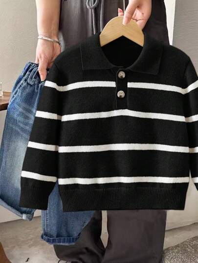 SHEIN Little Byeori 1pc Young Boys' Casual Collegiate Comfortable & Stylish Practical Soft Striped Knitted Polo Neck Sweater, Suitable For Daily Wear, School, Outings, Sports, Autumn/Winter
