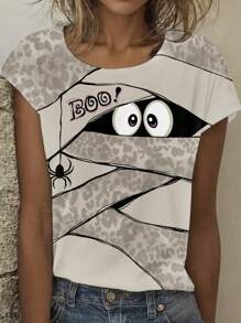 SHEIN LUNE Camiseta casual con estampado de rayas, araña, fantasma y leopardo, tallas grandes, para verano y otoño