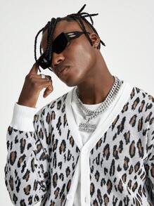 Manfinity RebelGame Herren weit geschnittener Leoprint V-Ausschnitt Langarm Strickjacke, Lose sitzende, schulterfreie dicke Strickjacke für Ausgang im Herbst/Winter, für Ehemann, Freund als Geschenk