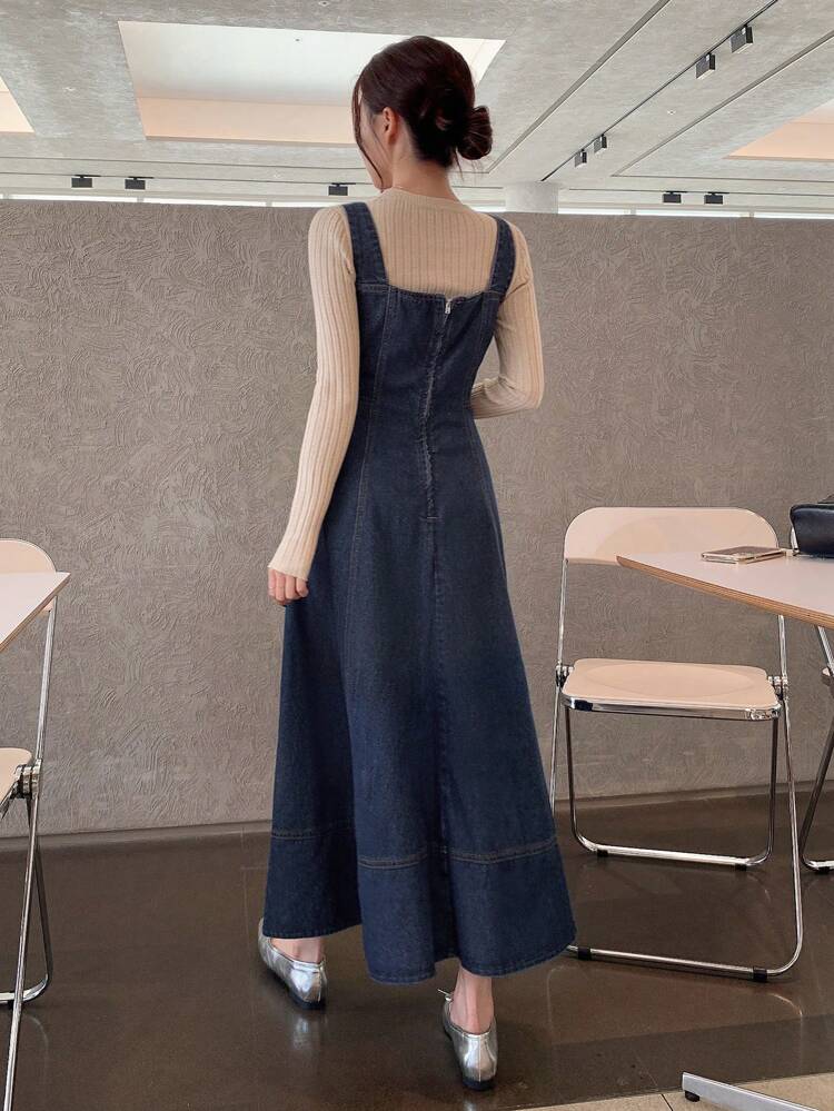 Plain Square Neck Sleeveless Denim Dress For Women, Fall Clothes, Back To School Clothes Dress