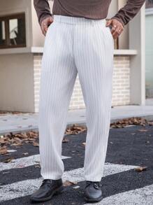 Manfinity VCAY Men's Woven Striped Long Straight Leg Mid-Waist Casual Pants, Suitable For Daily Wear - White - View 3