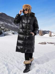 SHEIN EZwear Women's New Autumn And Winter Casual Hooded Loose Black Mid-Length Down& Feathers Jacket, 70 Cashmere - Black - View 2