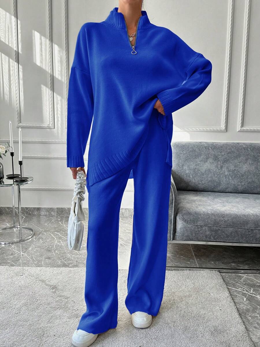 EURMUSE 2pcs Women Set: Casual Plain Loose Drop Shoulder Half Zip Sweater & Loose Wide Leg Sweater Pants - Royal Blue - View 1