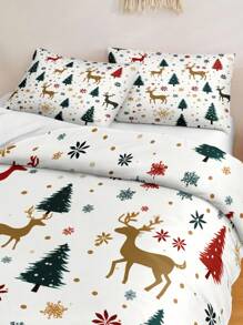 圣诞床上用品套装圣诞树羽绒被套装圣诞房间装饰绿色圣诞树，金色鹿雪花 3 件圣诞节被套柔软超细纤维羽绒被套适合男孩女孩 2 个枕套无被子 - 彩色 - 查看 5