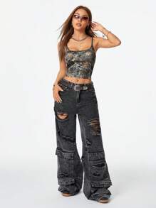 Coolane 街头风格潮流复古树枝迷彩印花拼接撞色女式 Y2K 吊带背心上衣