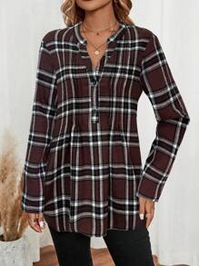 EMERY ROSE Áo sơ mi kẻ caro dài tay cổ chữ V mùa thu cho nữ - Cà phê nâu - Xem 5