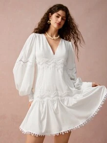 Enchnt New Winter Products,Women Grace Casual Solid Color V-Neck Lantern Sleeve Lace Splice Mini Dress, Long Sleeve Dress, Winter Women's Clothing,New Years Dress