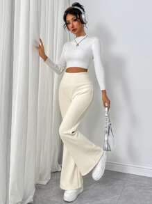 SHEIN EZwear 秋冬季保暖喇叭裤黑色保暖内衬 - 白色 - 查看 5