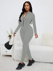 Zolique Solid Color Zip Front Long Sleeve Jumpsuit, Casual For Autumn/Winter - Grey - View 4