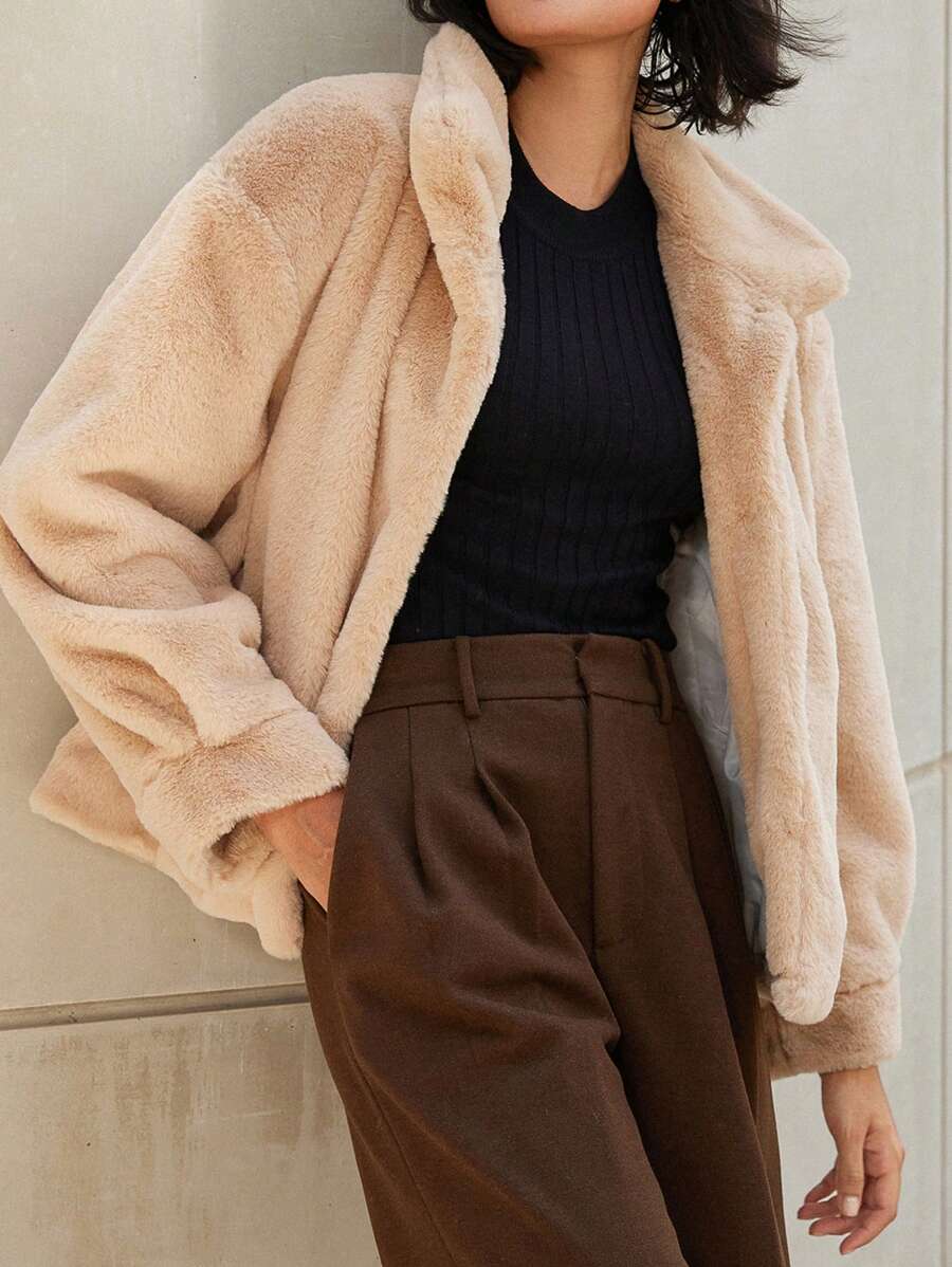Femmeiva Oversized Women Casual Simple Oblique Pockets Fuzzy Jacket For Autumn & Winter Fall Cloth For Women - Khaki - View 1