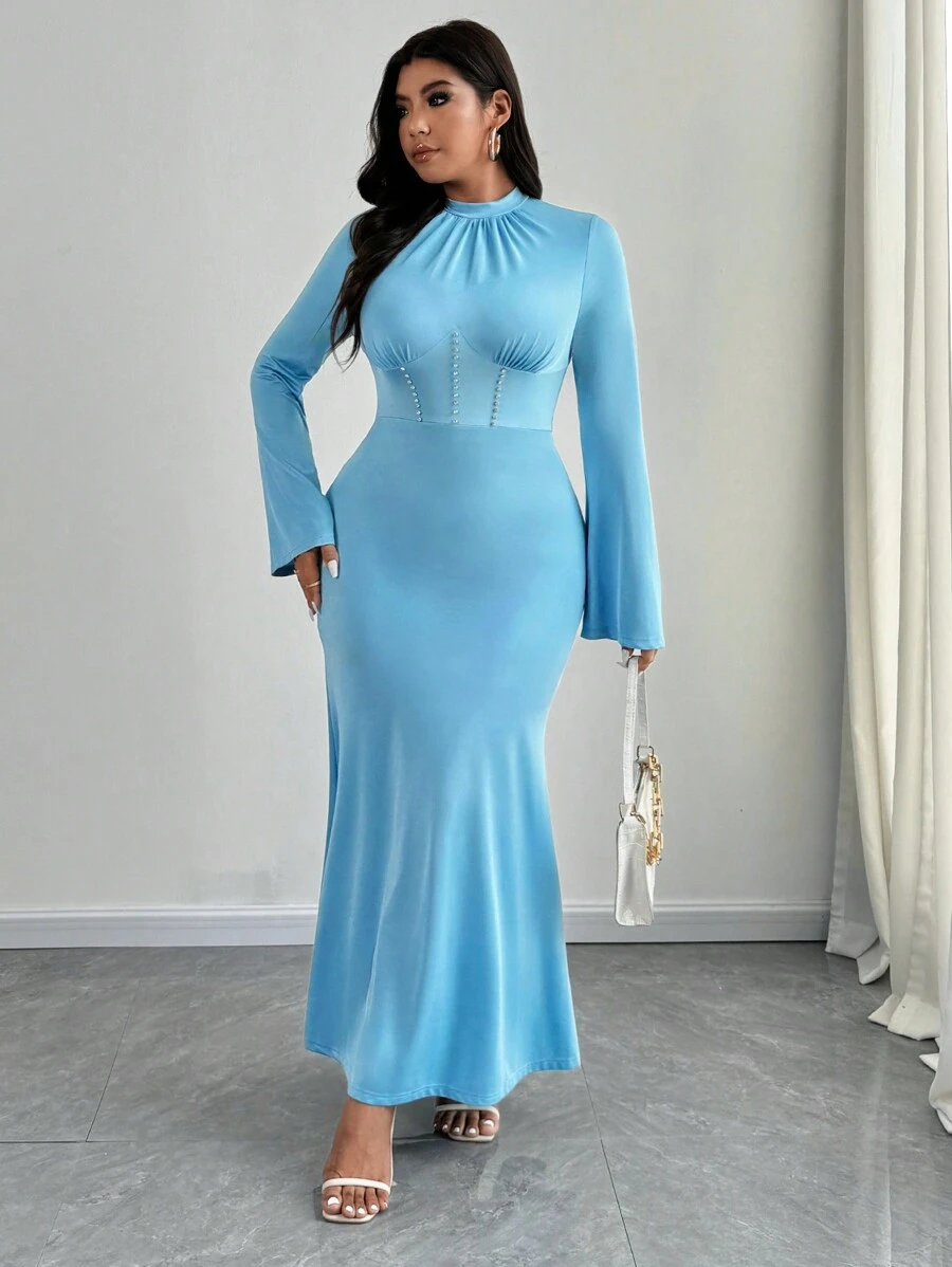 SHEIN Unity 1 chiếc váy bó sát tay loe đính kim cương thanh lịch cỡ lớn cho nữ - Màu xanh lam - Xem 1