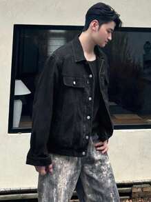 DAZY 秋季男士纯色牛仔夹克 - 黑色 - 查看 7