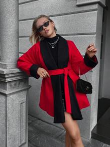 SHEIN Clasi 女士撞色翻领长袖休闲夹克，秋冬保暖 - 紅色 - 查看 7