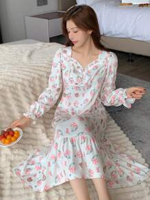 DAZY Camisón de pijama con volantes y estampado de flores y osos lindos - Blanco - Ver 4