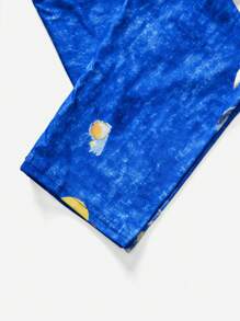 Tween Boy 2pcs Set Comfy Solid Color Long Sleeve Top And Space Printed Long Pants Pajama Set
