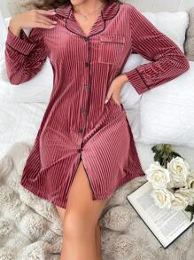 Vestido casual de mujer de manga larga con escote en V de terciopelo con acabado en contraste de color