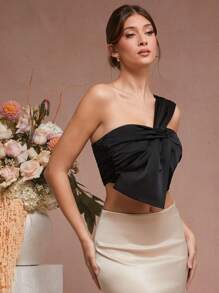 L'Amorae Elegant One Shoulder Bow Satin Cropped Top - Black - View 3
