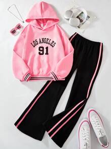 SHEIN Conjunto informal para niña preadolescente de sudadera con capucha en jacquard y pantalones acampanados de terciopelo