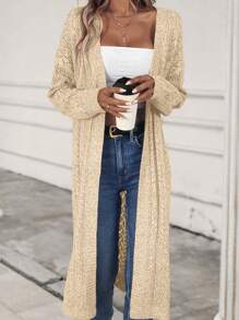 SHEIN LUNE Áo khoác cardigan dáng rộng thường ngày dành cho nữ, thích hợp mặc hàng ngày, mùa thu/đông - Màu be - Xem 4