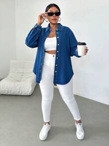 SHEIN Essnce Áo khoác denim cỡ lớn, kiểu áo sơ mi dài tay rộng rãi, màu xanh - Màu xanh lam - Xem 4