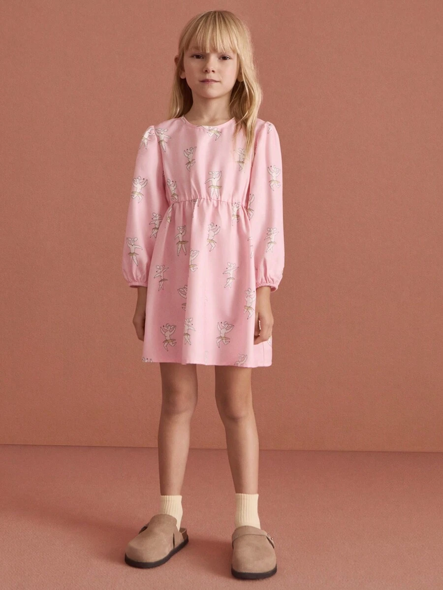 SHEIN Young Girl Casual Cartoon Cute Print Round Neck Puff Sleeve Short Dress, Autumn/Winter, Pink