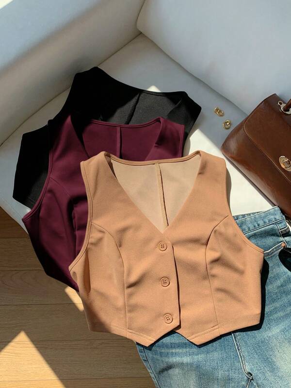 Comfortcana Set de 3 piezas para mujer: chaleco casual con botones delanteros lisos y sin mangas