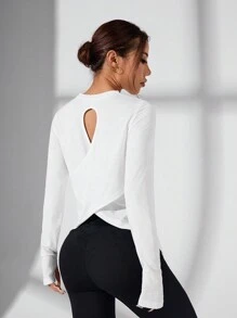 Sovereign Charm 女士纯色简约休闲交叉带运动长袖 T 恤健身背心 - 白色 - 查看 5