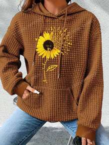 Women's Plus Size Casual Hoodie, Small Square Checkered Sunflower Print Hoodie