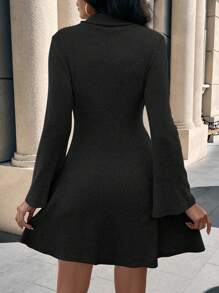 SHEIN Clasi Damen Einfarbiges Rollkragen Lang Arm Kurz Lässig Kleid, Herbst - Schwarz - Übersicht 2