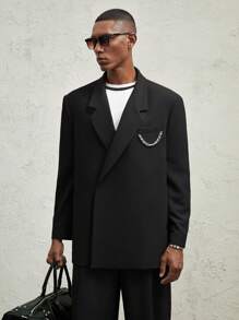AKNOTIC Formal Men Loose Fit Metal Chain Decor Casual Lapel Open Front Blazer, For Fall Winter