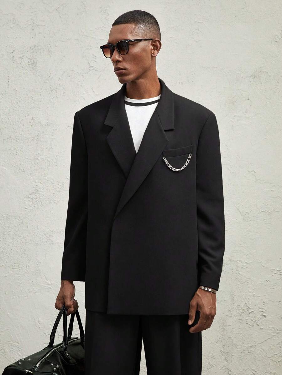 AKNOTIC Formal Men Loose Fit Metal Chain Decor Casual Lapel Open Front Blazer, For Fall Winter