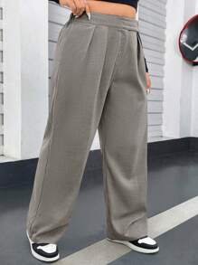 Flirla Plus Size Women Solid Color Pleated Pocket Wide Leg Loose Suit Pants - Dark Grey - View 6