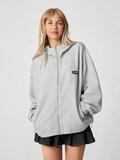 SHEIN EZwear 1 件女式字母印花落肩拉链连帽夹克，秋季