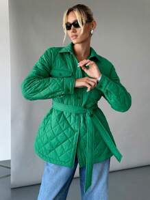 SHEIN Essnce Women Forest Green Padded Coat With Belt,Winter Casual Occasion Quilted Jacket,Warm Long Fleece Shacket,Windbreaker Outwear, Fall Clothes - Green - View 6