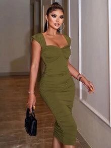 RueChic Women'S Solid Color Sweetheart Neck Bodycon Dress - Olive Green - View 5