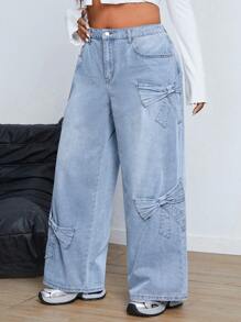 SHEIN ICON Plus Size Women Bow Decor Patch Pocket Wide Leg Loose Casual Jeans - Blue - View 7