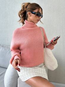 SHEIN Cottnline Suéter holgado de mujer con cuello alto y hombros caídos de tacto suave - Rosa vieja - Ver 7